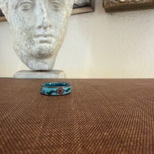 Vintage Cloisonné Floral Ring – Size 8.5 | Turquoise Blue Cherry Blossom Enamel